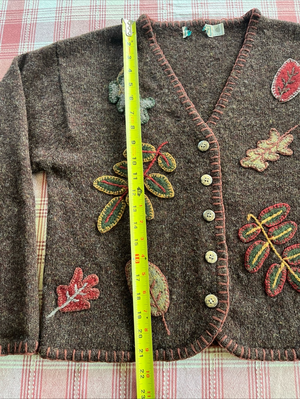 Vintage LL Bean Brown Wool Cardigan With Autumn Leaf Appliqué 100% Wool - Picture 9 of 10